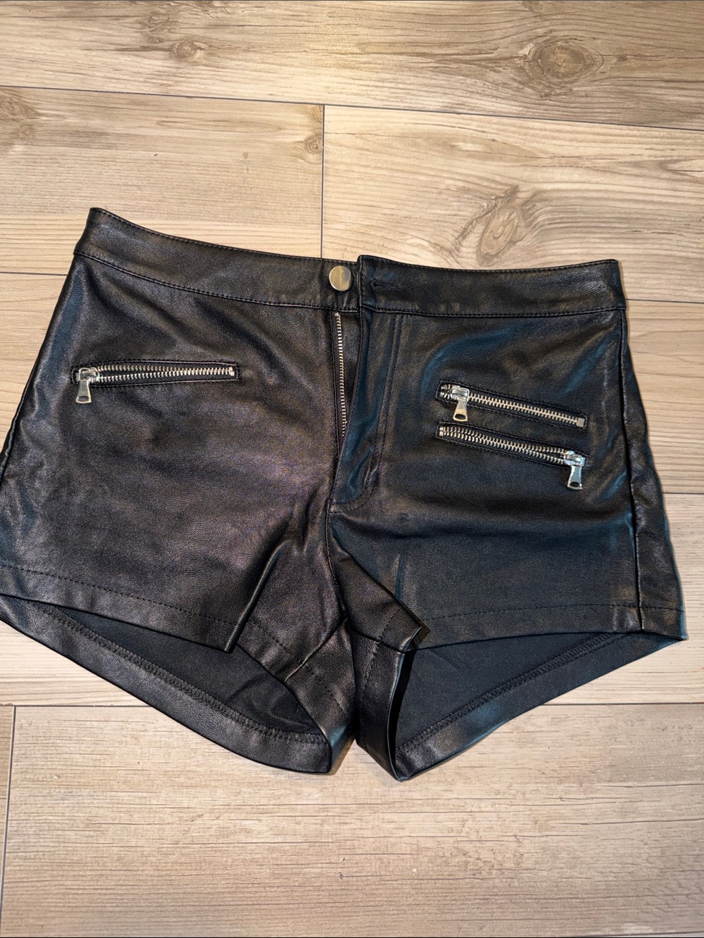 H&M Black Faux Leather High-Waist Shorts with Silver Zips